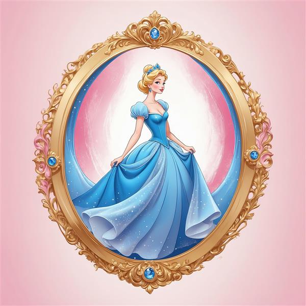 تصویر سیندرلا بر روی هلال ماه با لباس آبی در قاب بیضی طلایی دکوراتیو