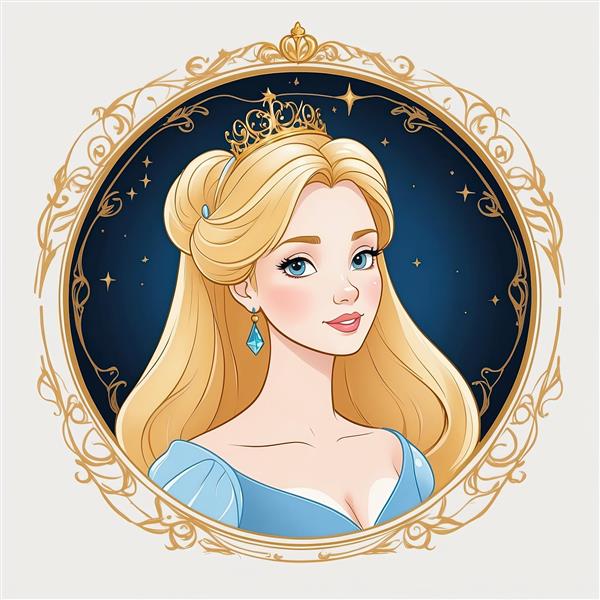 پرتره شاهزاده خانم سیندرلا با تاج طلایی و موی بلوند در قاب سلطنتی و زمینه شب