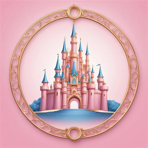 قلعه صورتی و آبی سیندرلا با آبنمای درخشان در قاب دایره‌ای کلاسیک