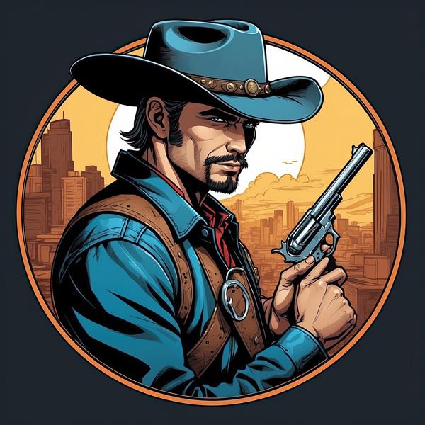 تصویر وسترن مرد با کلاه و رولور در شهر، طرح کامیک بوکی