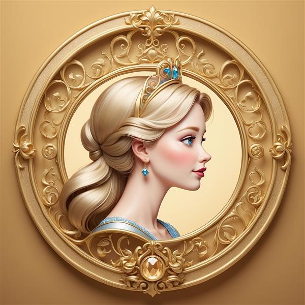 پرتره نیم‌رخ شاهزاده سیندرلا بلوند با تاج سلطنتی در قاب دایره‌ای طلایی