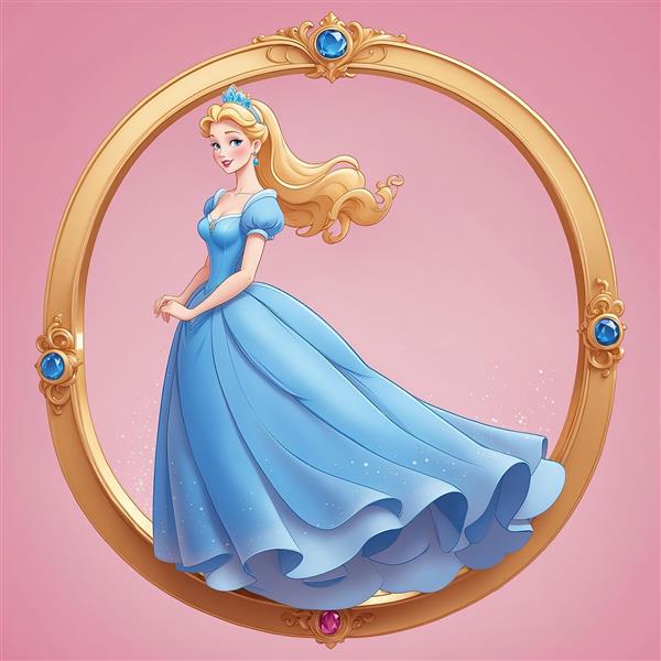 شخصیت سیندرلا با لباس آبی و موی روان در قاب دکوراتیو با کیفیت بالا