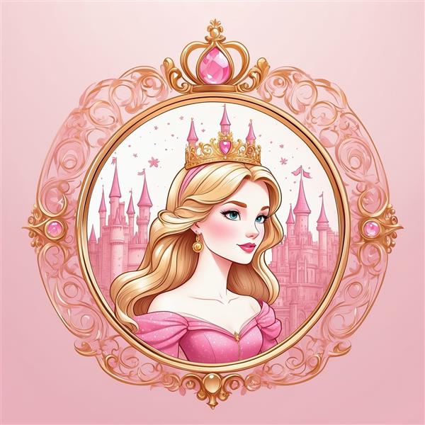 پرتره شاهزاده سیندرلا با تاج صورتی و موهای بلوند با پس زمینه قصر صورتی