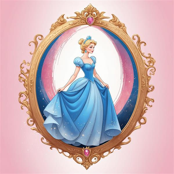 شاهزاده خانم سیندرلا با لباس آبی مجلل در قاب سلطنتی با پس زمینه پاستلی