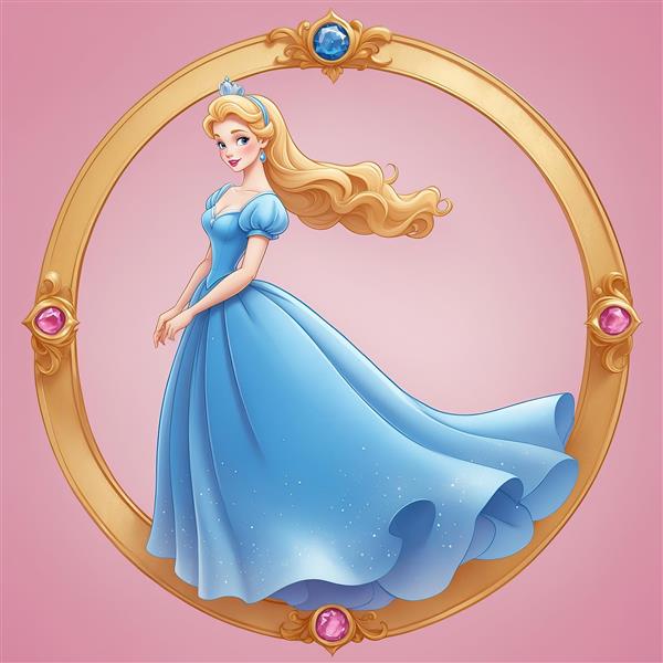 تصویر سیندرلا با لباس آبی رقص در قاب بیضی طلایی با پس زمینه صورتی