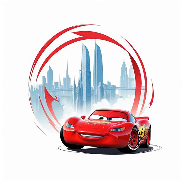 طرح لایتنینگ مک‌کوئین با سیل‌اوت شهر و قاب سرعتی در پس‌زمینه