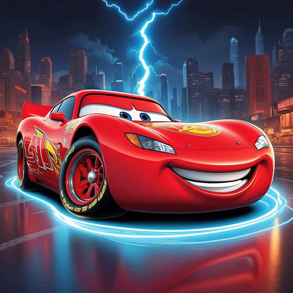 عکس مک‌کوئین با رعد و برق آبی نئونی در شهر بارانی شب