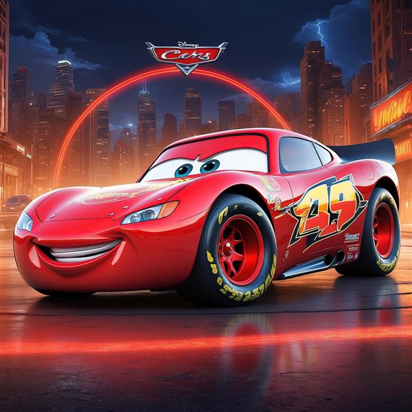 طرح لایتنینگ مک‌کوئین با لوگوی ماشین ها و شهر نئونی در پس‌زمینه