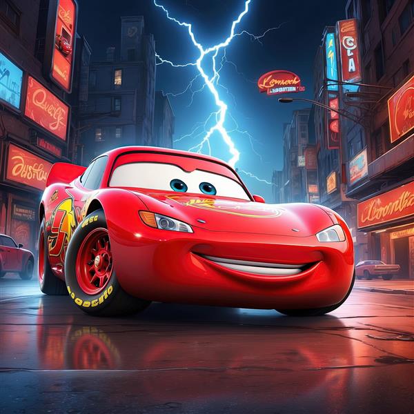 تصویر مک‌کوئین در شهر بارانی نئونی با رعد و برق شدید