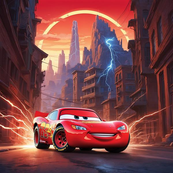 پوستر مک‌کوئین در خیابان با رعد و برق و شهر فانتزی در غروب