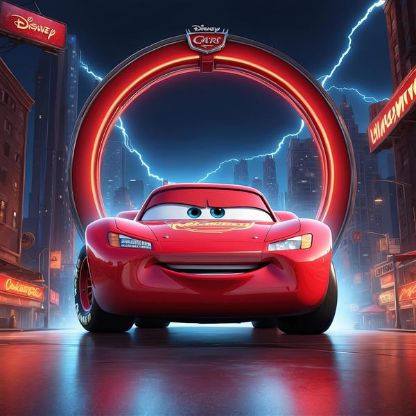 عکس مک‌کوئین در شهر نئونی با رعد و برق و قاب نورانی قرمز