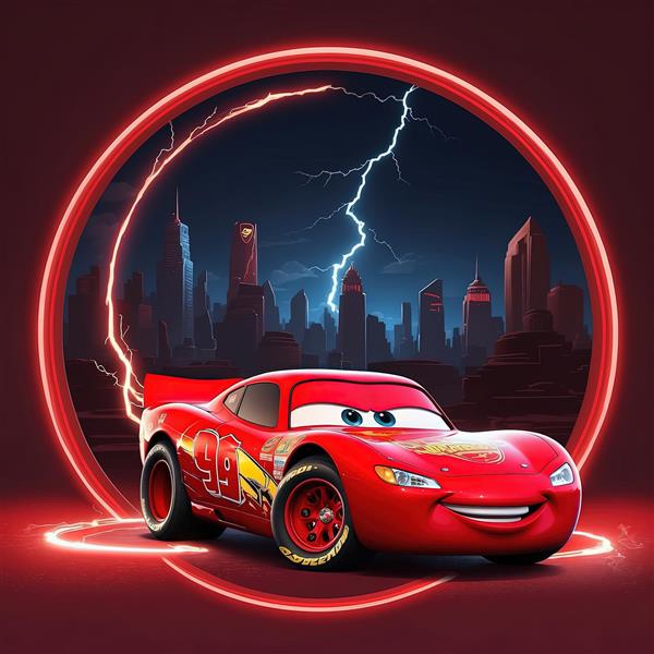 طرح لایتنینگ مک‌کوئین با رعد و برق و شهر نئونی در قاب قرمز