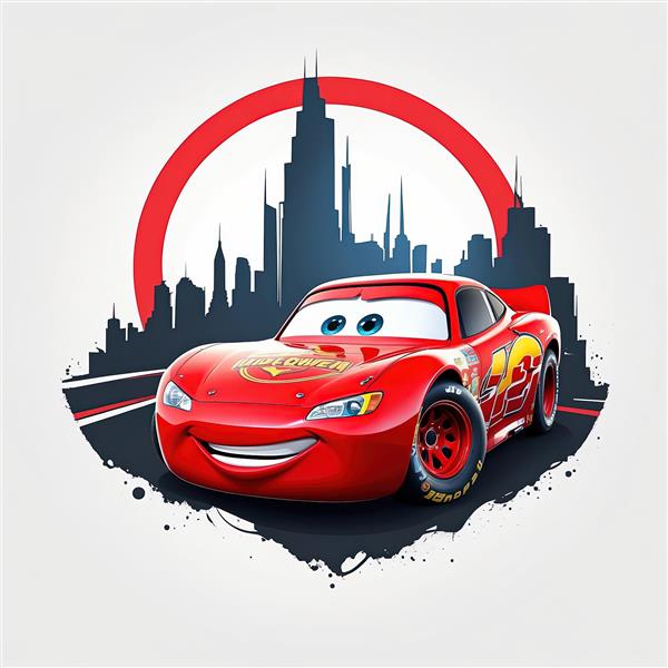 تصویر مک‌کوئین در شهر با برج‌های بلند، قاب قرمز و لکه‌های تیره