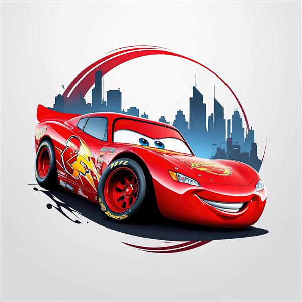 تصویر مک‌کوئین قرمز با پس‌زمینه سیل‌اوت شهر و قاب نیم‌دایره