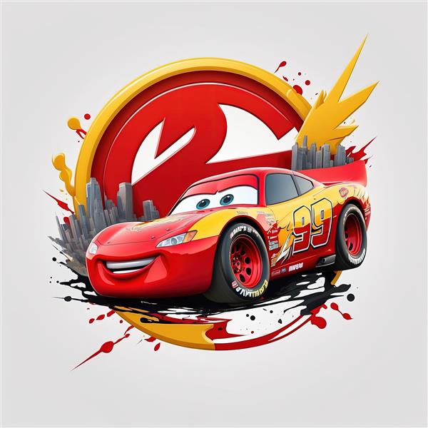 پوستر گرافیکی مک‌کوئین قرمز و زرد با قاب مسابقه‌ای و المان‌های شهری