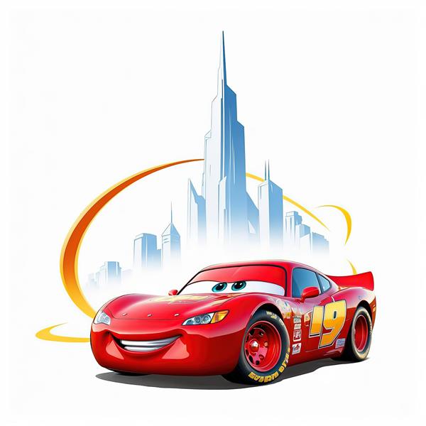 مک‌کوئین قرمز با پس‌زمینه آسمان خراش‌های مدرن و خطوط نورانی