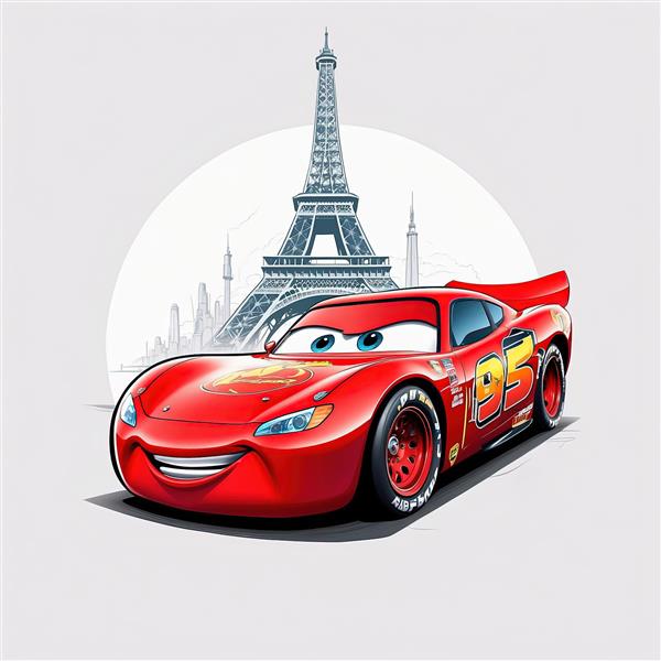 تصویر لایتنینگ مک‌کوئین با برج ایفل و پس‌زمینه مونوکروم