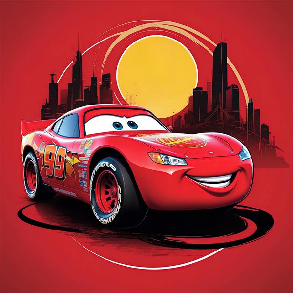 پوستر دکوراتیو مک‌کوئین در شهر با پس‌زمینه قرمز و خورشید بزرگ