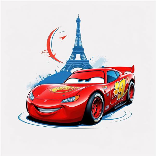 تصویر کارتونی مک‌کوئین با برج ایفل آبی، مناسب چاپ دیجیتال