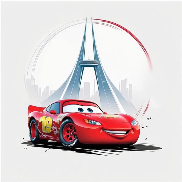 طرح لایتنینگ مک‌کوئین و برج‌های شهر با معماری مدرن و دایره خاکستری