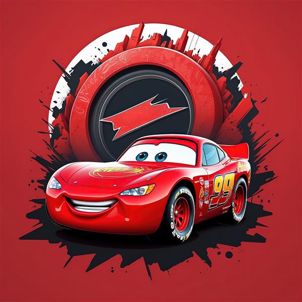 مک‌کوئین قرمز با لوگوی مسابقه و پس‌زمینه دایره‌ای شهری