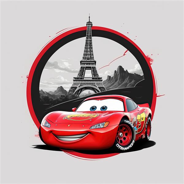 پوستر کارتونی مک‌کوئین در پاریس، برج ایفل و پس‌زمینه کوهستان