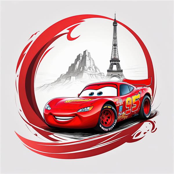 مک‌کوئین قرمز در پاریس با برج ایفل و نماد کوهستان در قاب موجی