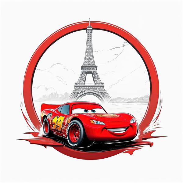 تصویر لایتنینگ مک‌کوئین قرمز در پاریس با برج ایفل و دایره قرمز