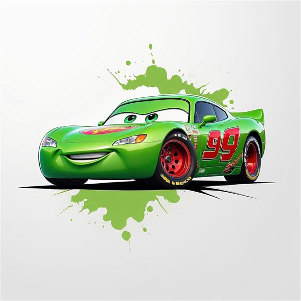 طرح گرافیکی مک‌کوئین سبز مسابقه‌ای با پس‌زمینه سفید و لکه‌های رنگ