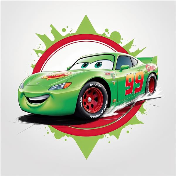 تصویر کارتونی ماشین سبز مسابقه‌ای شماره 99 با پاشش رنگ