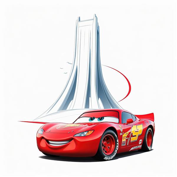 پوستر لایتنینگ مک‌کوئین قرمز با پس‌زمینه برج آزادی تهران