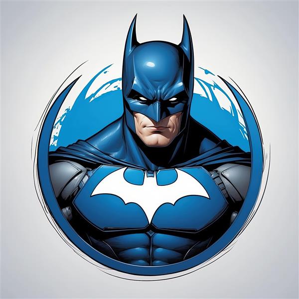 عکس بتمن با زره آبی و نماد خفاش سفید در قاب دایره‌ای (مناسب پوستر)