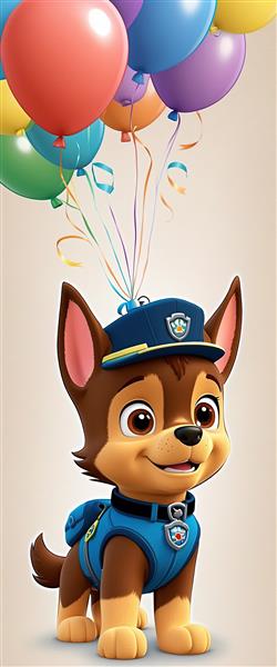تابلوی عمودی سگ چیس پاو پاترول با کلاه پلیسی زیر دسته بادکنک‌های پروازی