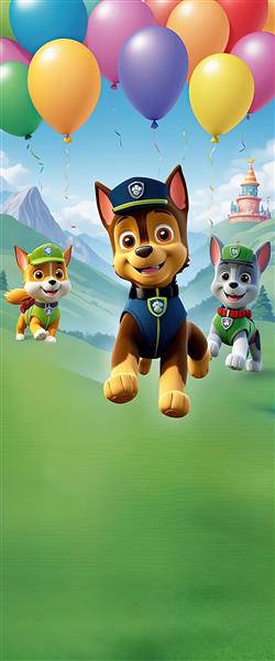 طرح دکوراتیو چیس، راکی و رابل در چمنزار بزرگ با قلعه و بادکنک