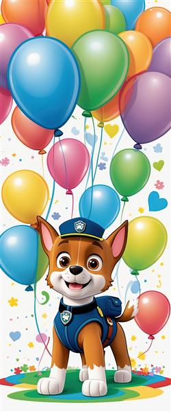 تصویر عمودی سگ قهرمان چیس با بادکنک‌های رنگارنگ و پس‌زمینه سفید جشن