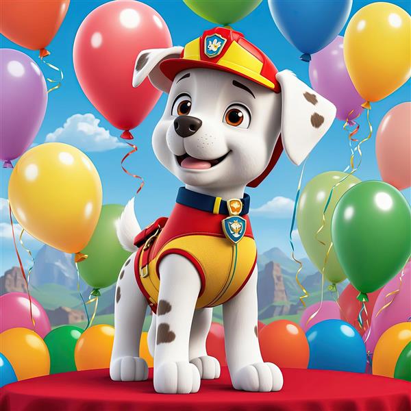 پوستر اورجینال مارشال پاو پاترول روی سکوی قرمز در میان بادکنک‌ها