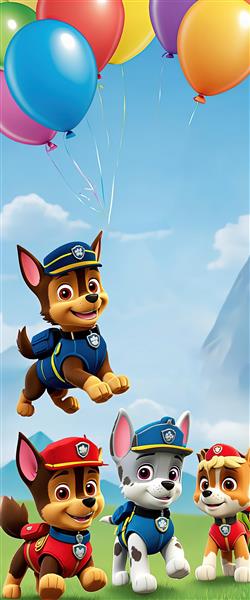 عکس باکیفیت چیس، مارشال و راکی پاو پاترول در چمنزار زیر بادکنک‌ها