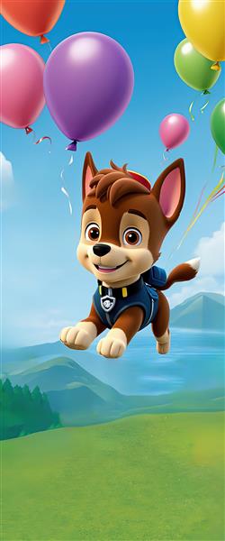 تابلوی عمودی سگ چیس پاو پاترول در حال پرواز بالای تپه‌های سبز با بادکنک