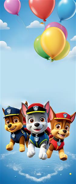 طرح دکوراتیو سه سگ قهرمان پاو پاترول در حال پرش در آب با بادکنک‌های آسمانی