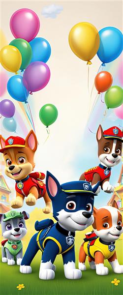 تصویر اورجینال گروه پاو پاترول در حال بازی در چمنزار زیر بادکنک‌های جشن