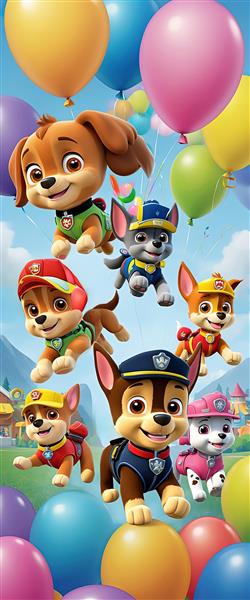 پوستر عمودی پرواز گروهی سگ‌های پاو پاترول در آسمان با بادکنک‌های شاد
