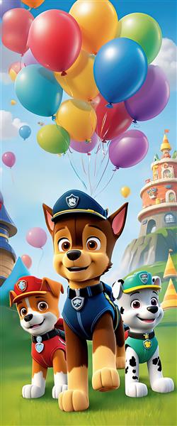 تصویر اورجینال گروه سگ‌های پاو پاترول روی چمن با قلعه‌های فانتزی و بادکنک