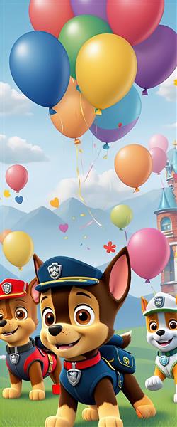 تابلوی عمودی گروه پاو پاترول زیر بادکنک‌ها و کوه‌های دور با قلعه کارتونی