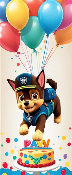 پوستر عمودی چیس پاو پاترول روی کیک تولد بزرگ با بادکنک‌های پروازی