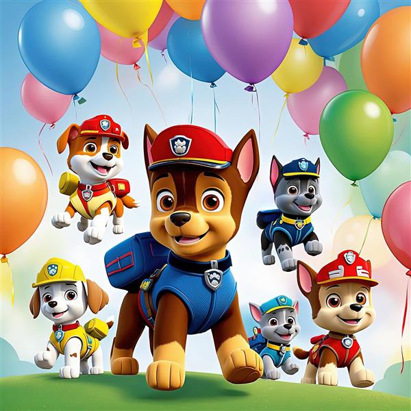 عکس باکیفیت سگ‌های پاو پاترول در چمنزار با بادکنک‌های آسمانی