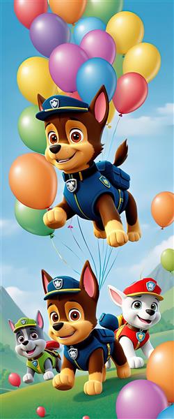 طرح دکوراتیو چیس و دوستان در حال پرش زیر بادکنک‌های پروازی در فضای باز