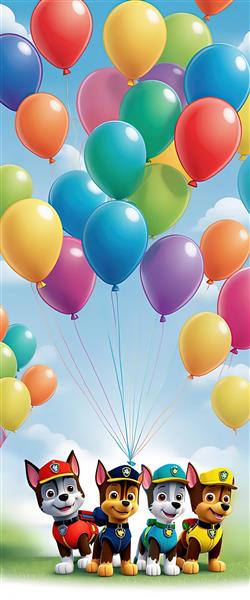 تصویر عمودی سگ‌های پاو پاترول در حال پرواز زیر بادکنک‌های پرشده از گاز