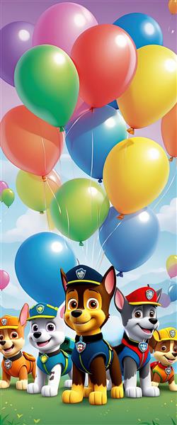 پوستر عمودی تیم پاو پاترول آماده جشن زیر انبوه بادکنک‌های رنگارنگ