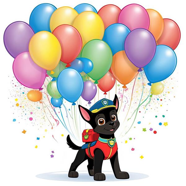 تابلوی سگ قهرمان سیاه پاو پاترول در میان دسته بادکنک‌های پرشور و ریسه‌ها