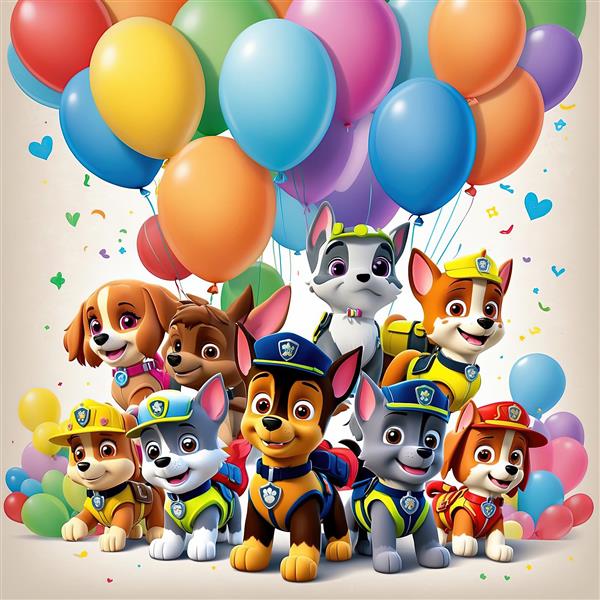 تصویر عریض تیم کامل پاو پاترول در جشن بزرگ با بادکنک‌های متنوع